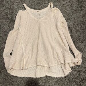 Free People Cream V-Neck Sweater with Flared Hem